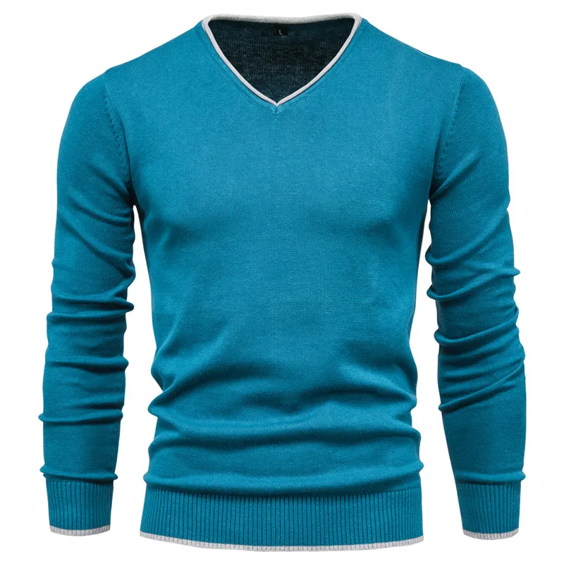 Men Knitwear Cotton Tops Solid Color Sweaters V-neck Men's Sweater Fashion Casual Slim Fit Tops 2021 Winter New Cotton Pullover
