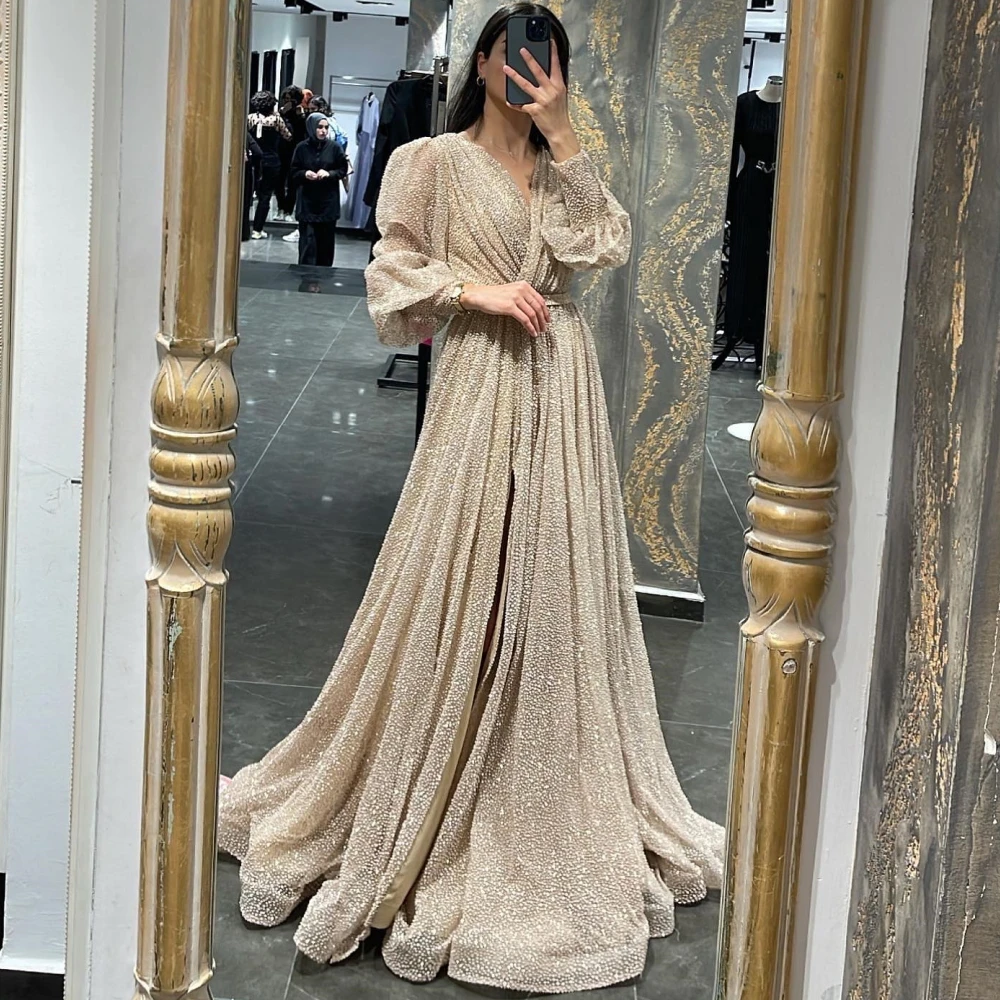

Carolina V Neck Sequined Evening Dresses 2023 Saudi Arabia Women Glitter Puff Sleeves Wedding Guest Elegant Formal Party Gowns