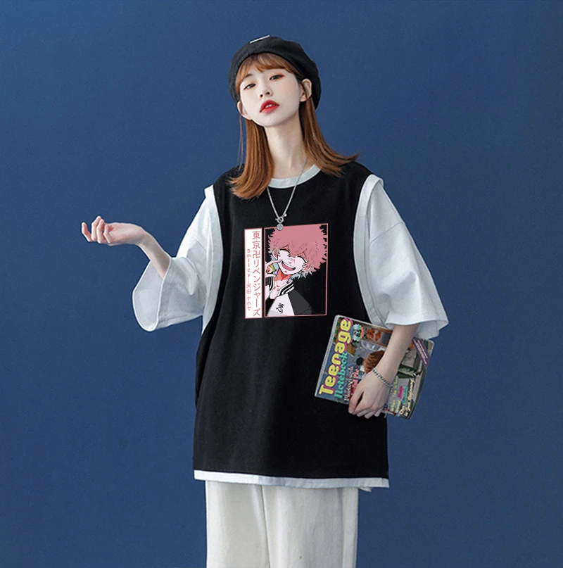 

Kawaii Kawata Nahoya Tokyo Revengers Fun Anime Short Sleeve T-shirt Fashion Cartoon Summer Casual Women Fake Two Pieces T Shirt