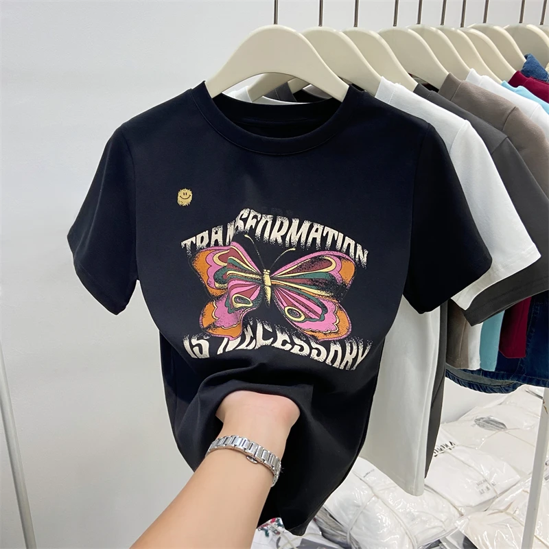 Футболка женская с коротким рукавом и круглым вырезом базовый топ принтом