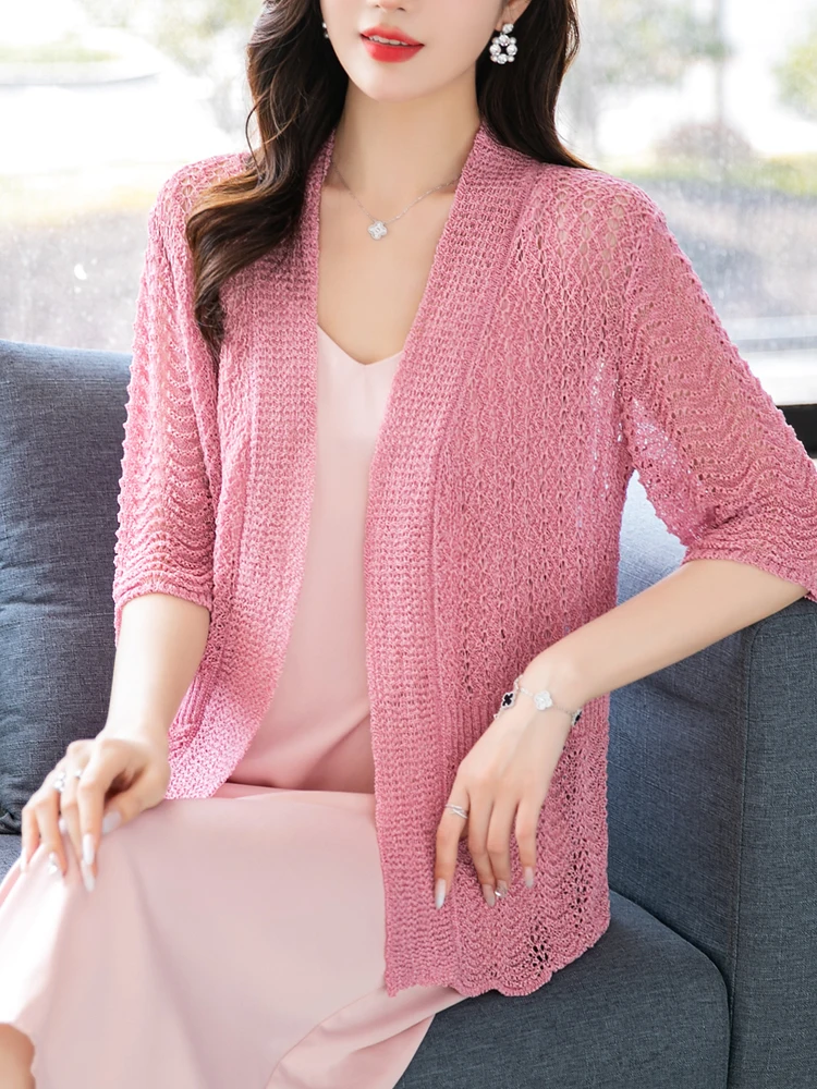 

Женский трикотажный кардиган с коротким рукавом, повседневный однотонный кардиган с вырезами, весна-лето 2023