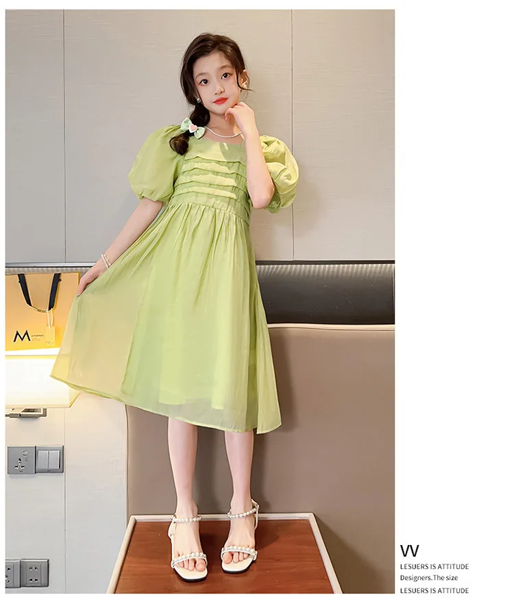 

2023 New Summer Teen Girls Dresses Sweet Bubble Sleeve Dress Kids Summer Short Sleeve Clothes Free Shipping