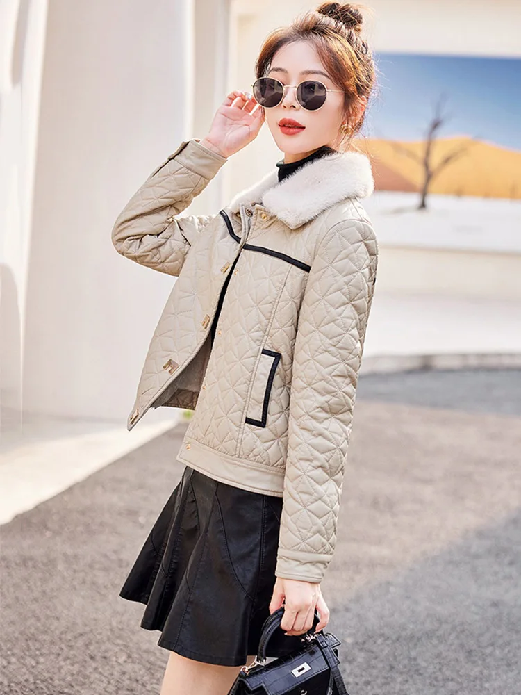 New Women Plus Velvet Lining Leather Coat Casual Fashion Fur Collar Loose Moto Biker Leather Jacket Thick Warm Outerwear Female