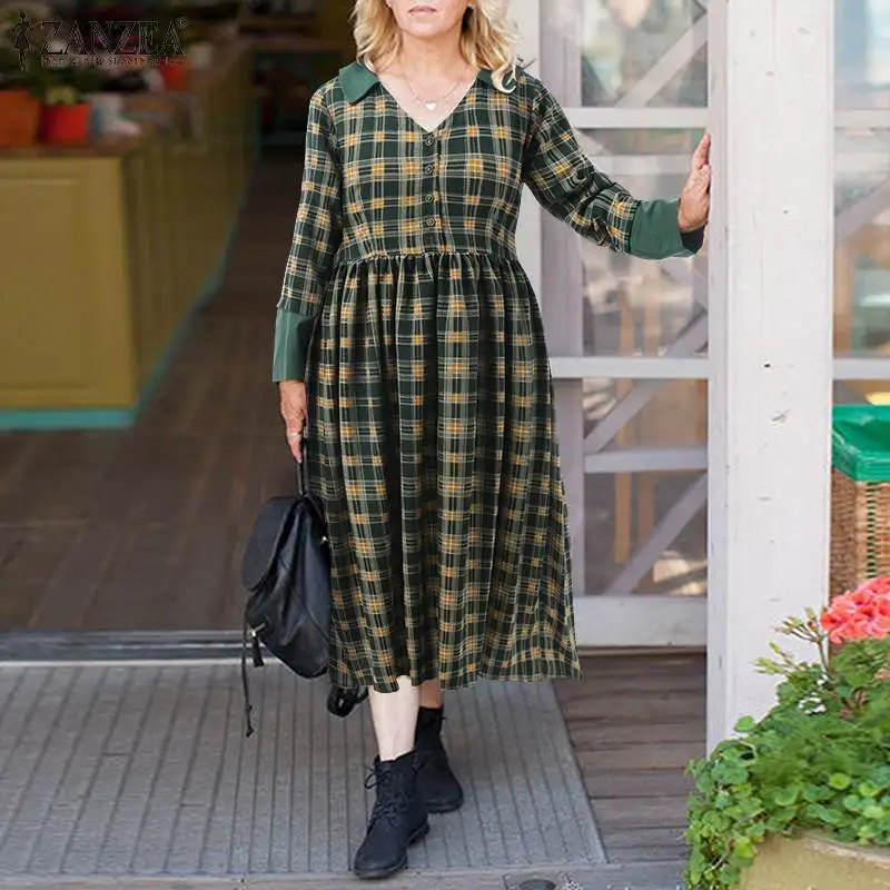 

Женское клетчатое платье Cherk, модель 2022 года, платья-миди в стиле пэчворк, платье ZANZEA, оверсайз, с V-образным вырезом, мешковатый халат, Женски...