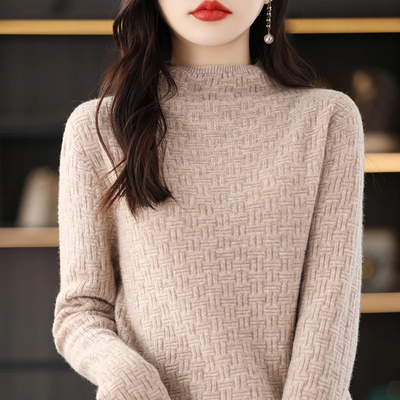 

New In Cashmere Sweater Women Tops Autumn Winter Mock Neck Long Sleeve Wool Sweater Pullover Fashion Knitted Mujer Clothe Jumper