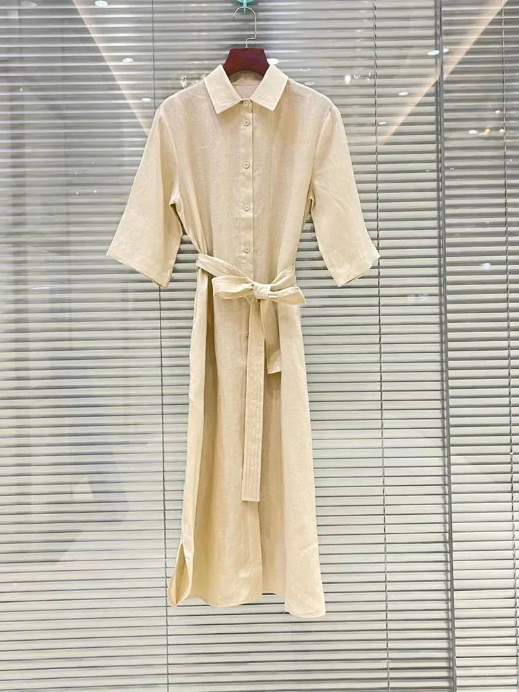 2023 Spring Summer Women Lace-Up Shirt Dress 100% Linen Turn-Down Collar Single Breasted Lady Temperament Midi Robe with Sashes