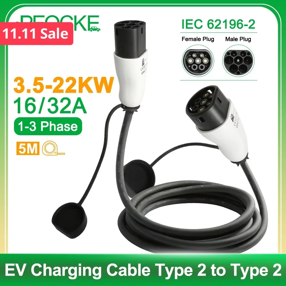 

Автомобильный зарядный кабель PEOCKE EV, тип 2, гнездо-штекер, разъем IEC 62196-2, 3,5/7/11/22 кВт, зарядка 16, 32 А, 1, трехфазная длина, удлинитель 5 м
