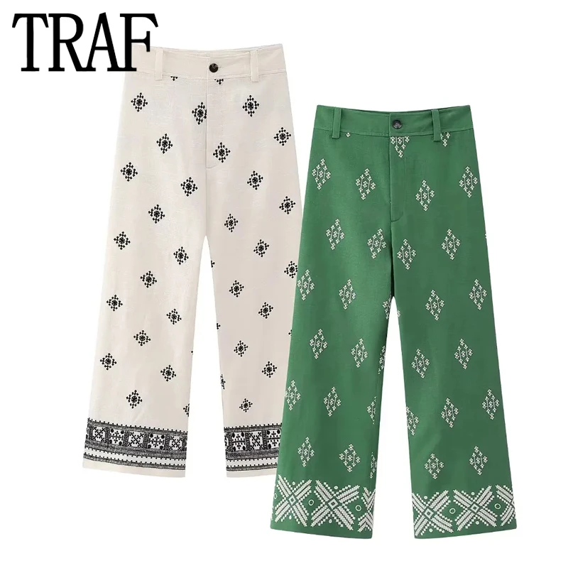 

Брюки TRAF женские с вышивкой, зеленые винтажные мешковатые штаны с завышенной талией и широкими штанинами в стиле бохо, на лето