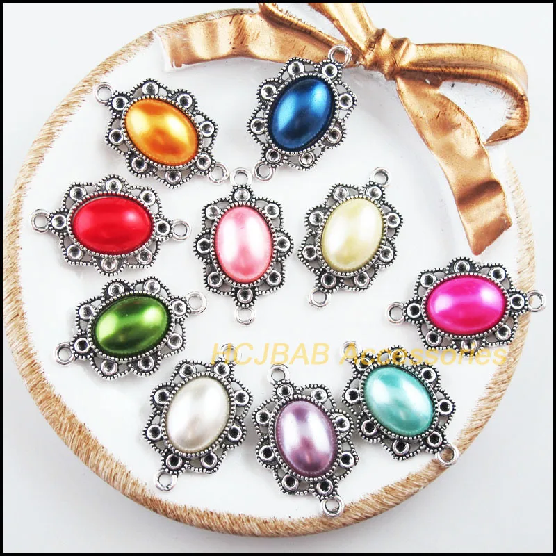10 шт. тибетские посеребренные ретро овальные смешанные акриловые
