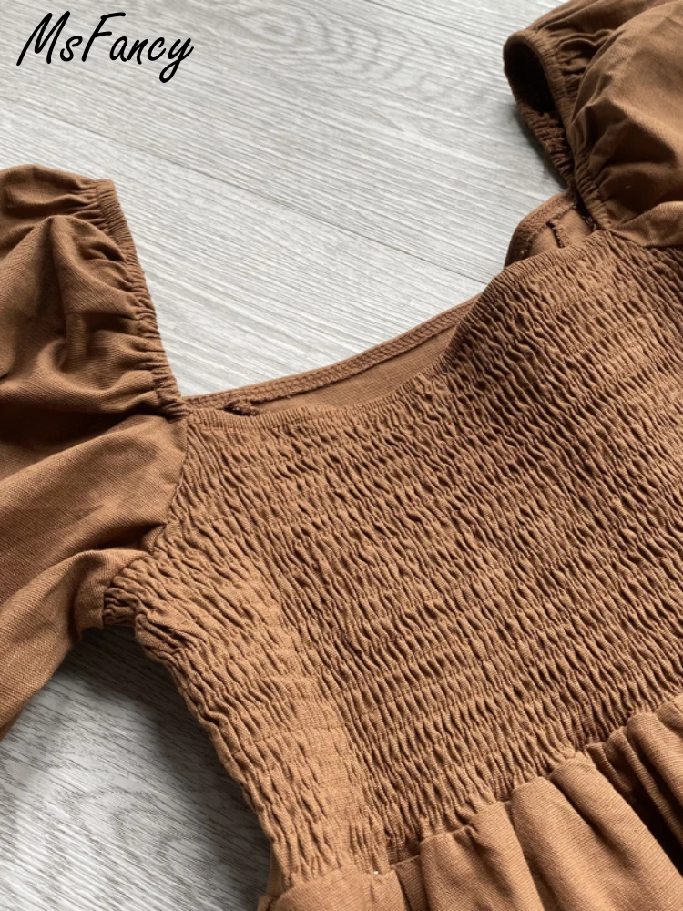 Мини-платье Msfancy из хлопка женское коричневое Повседневное платье с квадратным