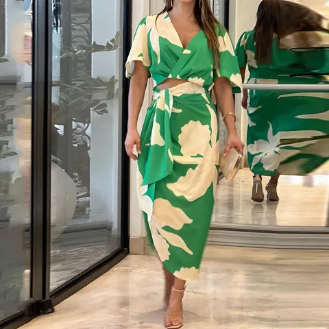 Women Dress Summer Autumn New Elegant Loose Printed Loose Lace-up Irregular Dress Women Half Sleeve V-neck High Waist Sexy Dress