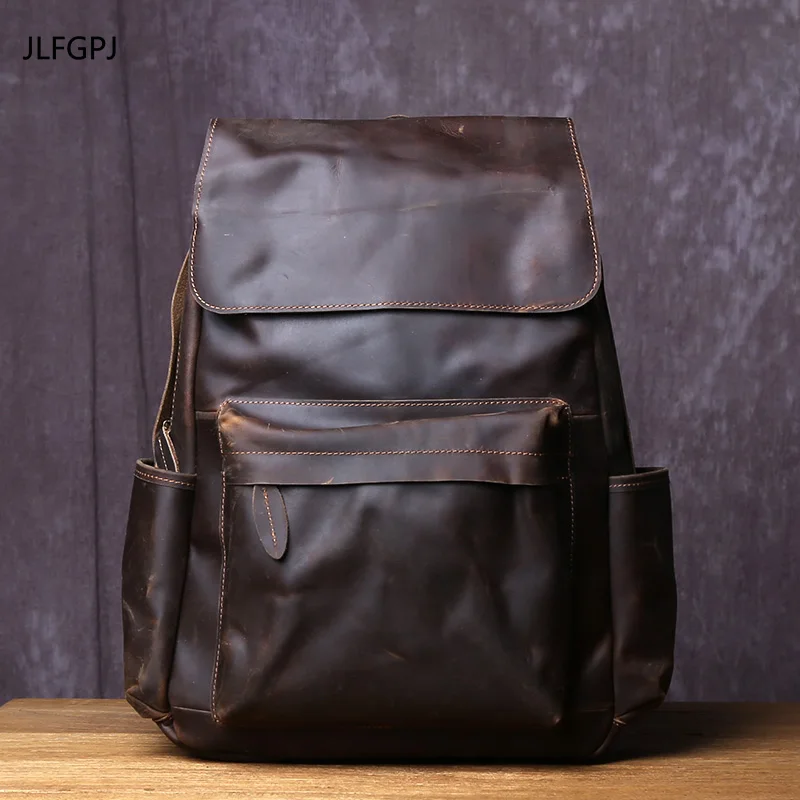 European And American Retro Handmade Crazy Horse Leather Men's Backpack Casual Fashion Top Layer Cowhide 15 Inch Computer Bag