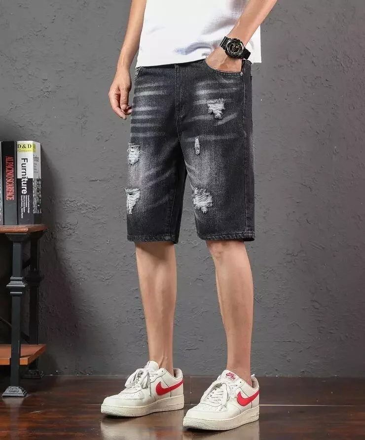 2022New Black Denim Shorts Summer Light Blue Holes Shorts Jeans Good Quality Men Cotton Casual Jeans Shorts Slim Denim Jeans Sho