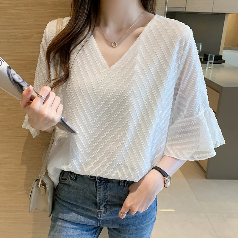 

Pullover Fashion White Chiffon Shirt Women Summer Loose Slim Half Sleeve V-neck Top Ladies Chiffon Women Blouses Shirts 012i