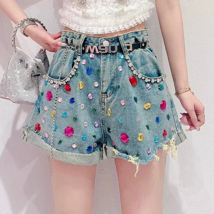 Design Heavy Industry Colorful Crystals Denim Shorts For Women 2023 Summer New High Waist Loose A-line Wide Leg Hot Kawaii Pants