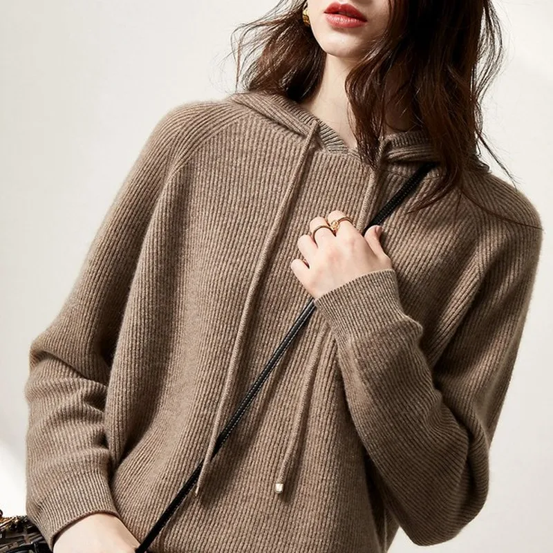 

Autumn and winter new wool hooded sweater women's sweater knitted cashmere sweater lazy bottoming thickened hoodie trend
