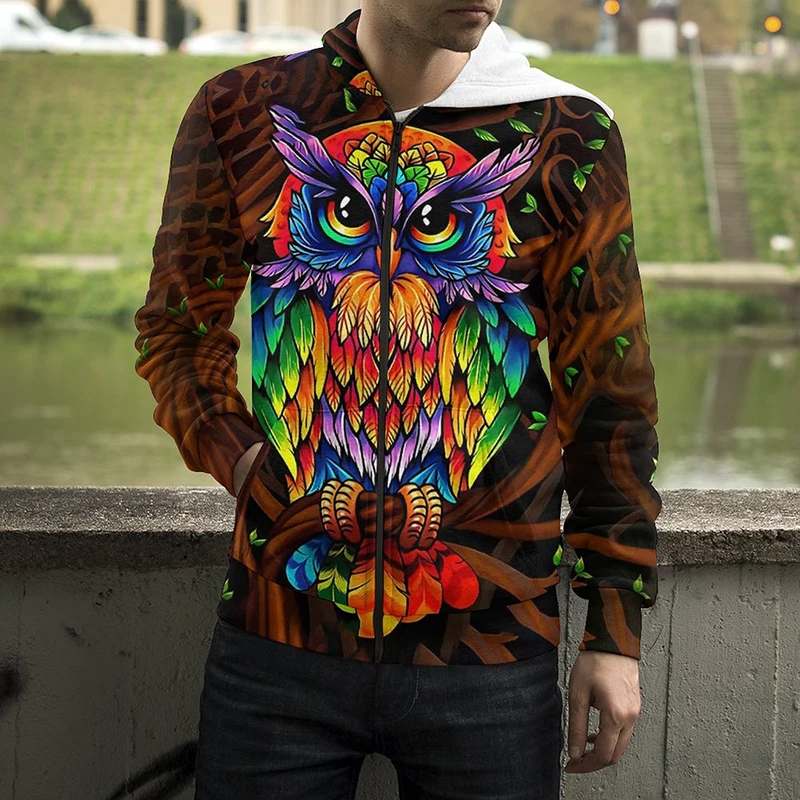 

New Animal Night Owl 3D Print Zip Hoodie Men Women Children Casual Long Sleeve Fashion Cool Boy Girl Tops Unisex Zip Up Hoodie