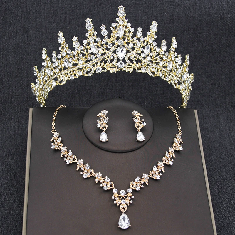 Тиара в форме капли воды золотого цвета Свадебная Корона и ожерелье серьги набор
