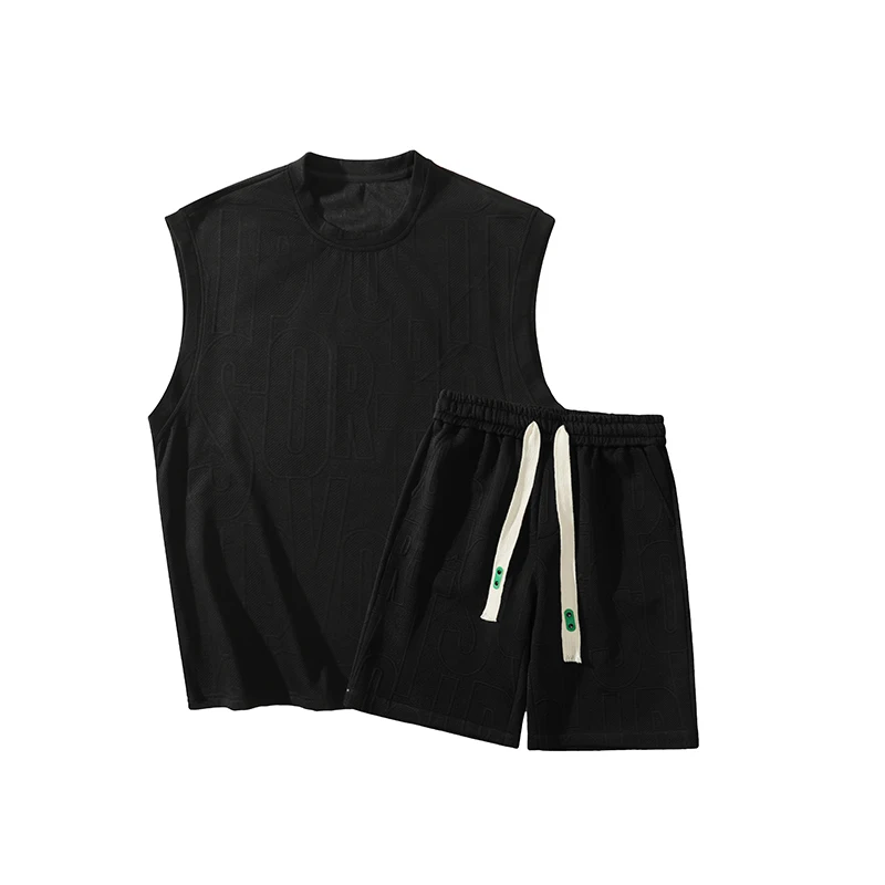 Summer Streetwear Letter Texture Casual Set Korean Trendy Tide Oversized Sleeveless Top Shorts Solid Color Two Piece Set Unisex