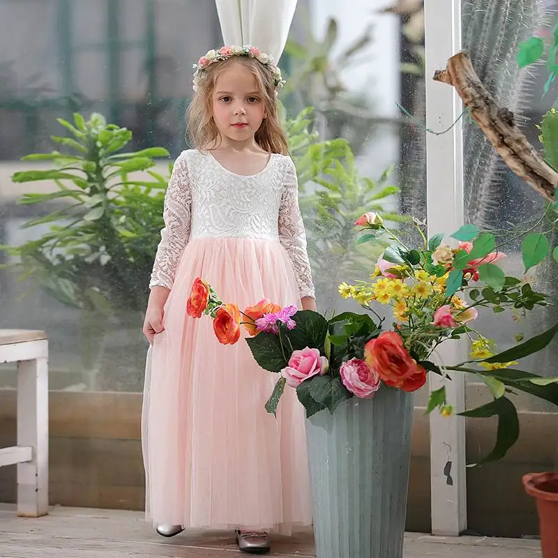 

Wholesale Girl Princess Dress Ankle Length Wedding Party Dress Eyelash Back White Lace Beach Dress Children Clothing E15177
