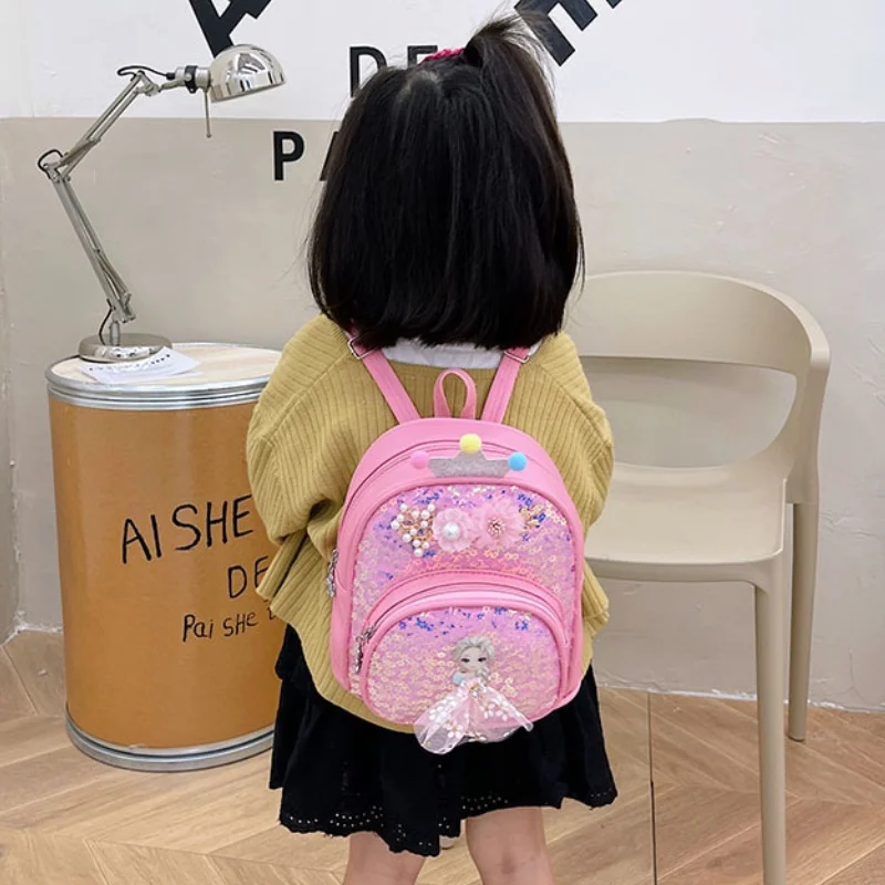 Children Anime Princess Small Backpacks In Kindergarten New Girls Sweet Sequin PU Flower Shoulder Bags with Pearl Drop Shipping