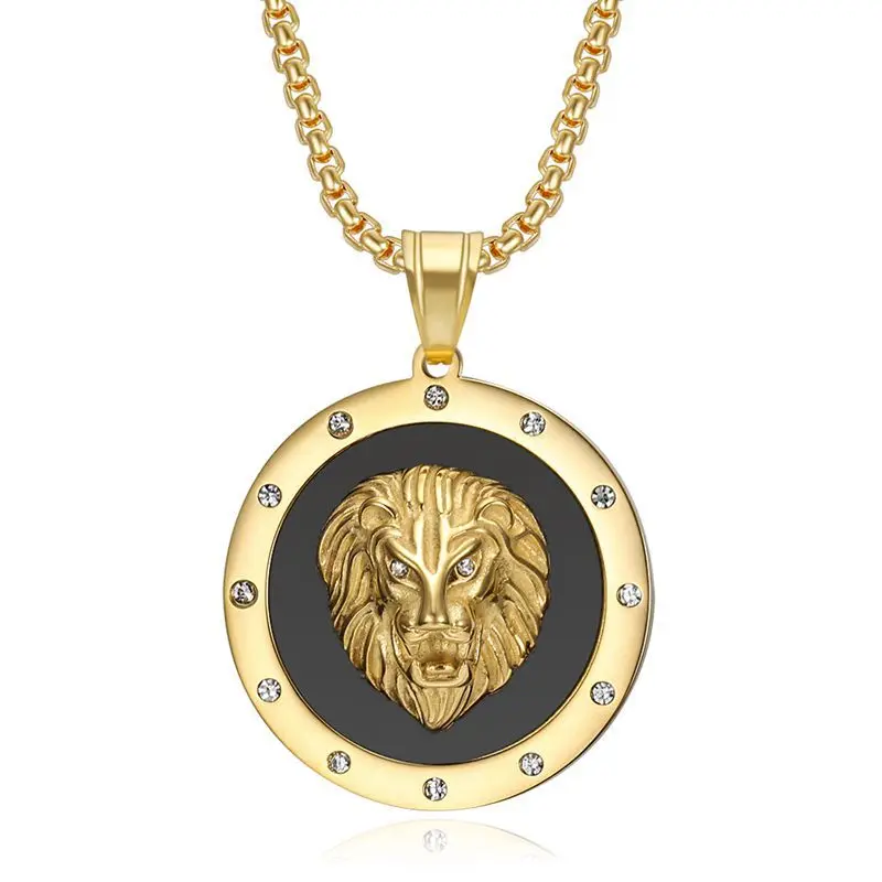 

Hip Hop Titanium Steel Vacuum Gold Plated Diamond Lion Head Couple Pendant Necklace Men's Transport Amulet Women's Sweater Chain
