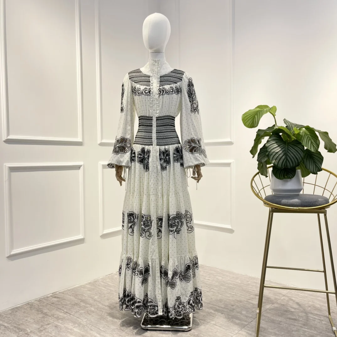 

2022 New Fall Top Quality White Ruffles Lantern Sleeve Black Flower Embroidery Hollow Out Elastic Shirred High Waist Long Dress