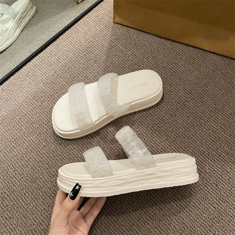 Summer Open Toe Women Slippers Fashion Slip On Platform Flats Thick Sole Sandalias Ladies Elgant Beach Vacation Slides Flip Flop
