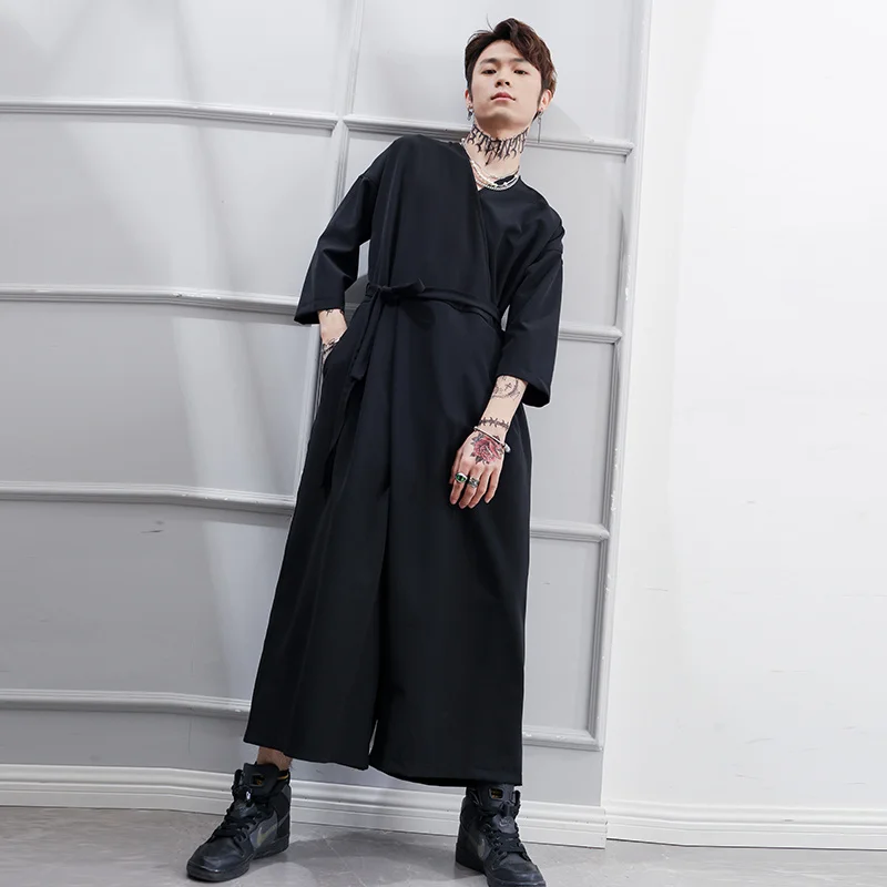 

Black Summer Siamese New Pants Men Spring Loose Cropped Teenagers Wide-leg Trousers Male Fashion Casual Skirt Jumpsuit