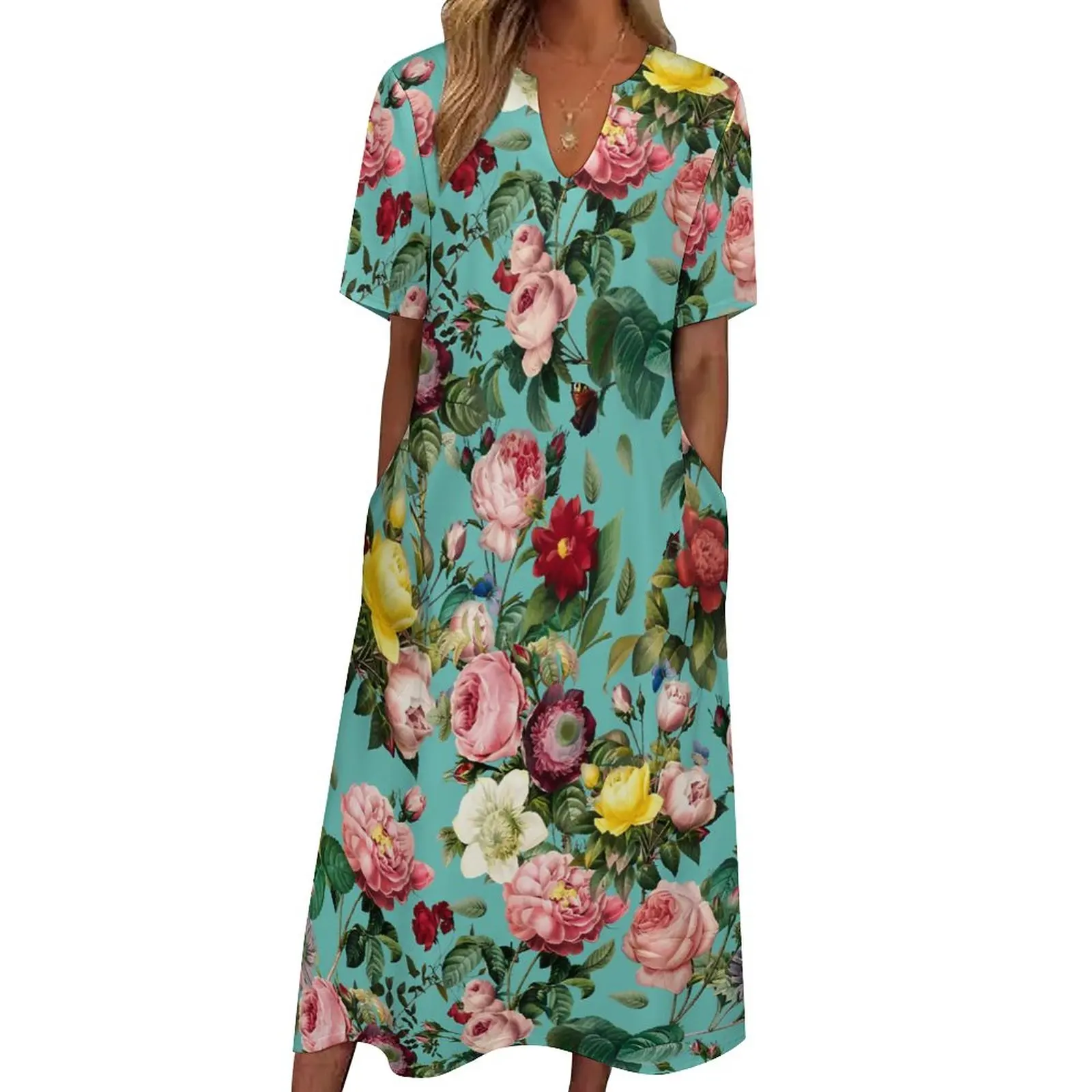 

Женское винтажное платье-макси с V-образным вырезом и цветочным принтом