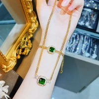luxury gold color cuban chain 45cm chain necklace jewelry sets for women personality synthetic emerald bracelet pendant necklace