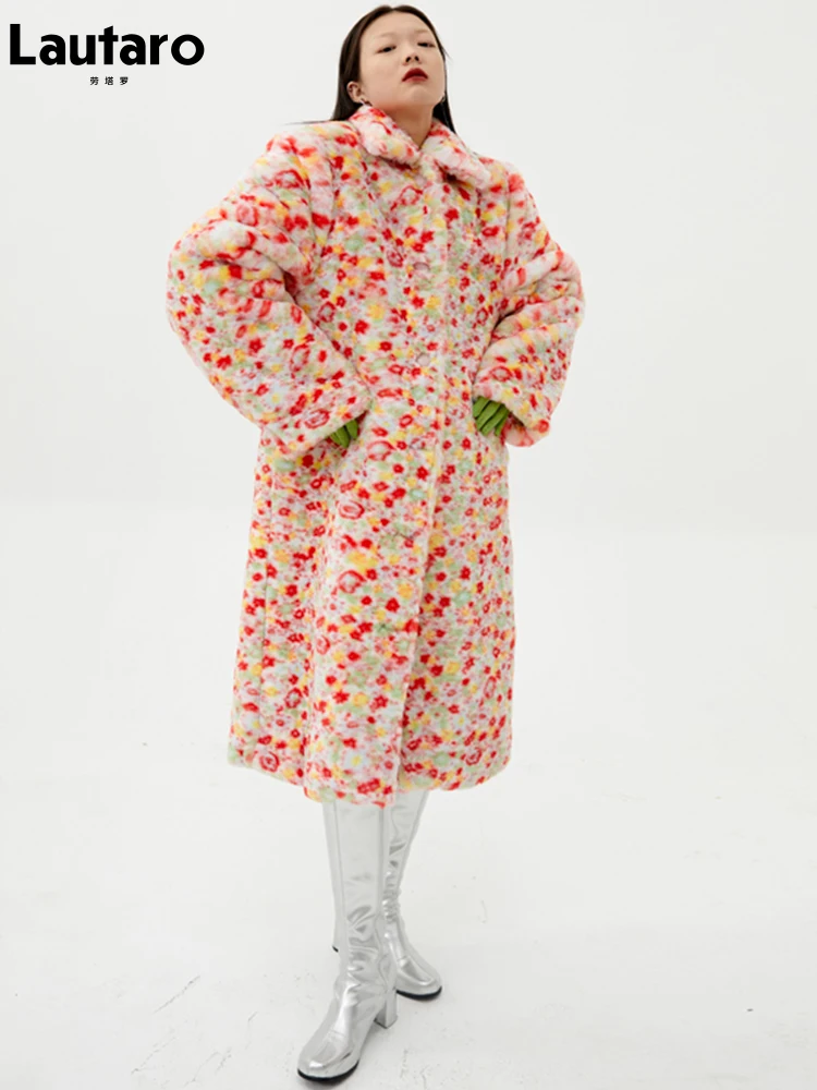 

Lautaro Winter Long Colorful Leopard Print Warm Soft Fluffy Faux Fur Coat Women Designer Retro Luxury Elegant Sweet Fashion 2022