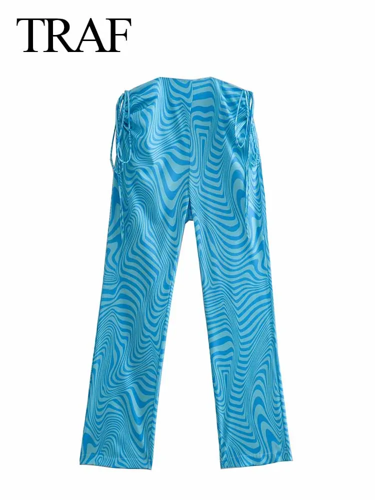 

TRAF Womens Fashion Striped Printing Trousers Vintage High Waist Slim Back Zipper Fly Flare Pants Casual Women's Clothing