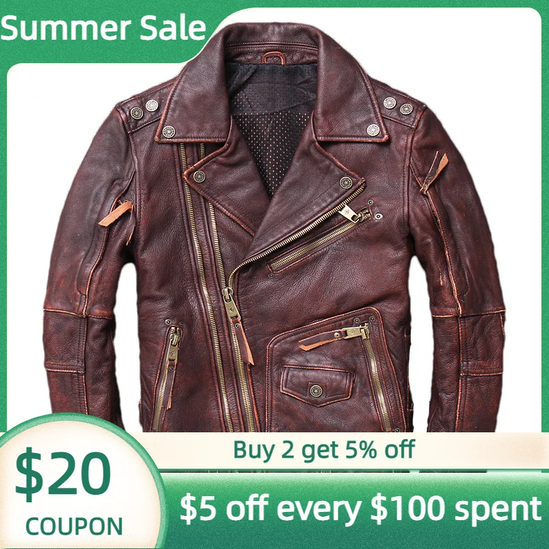 

Мужская мотоциклетная куртка в стиле ретро коричневого цвета в байкерском стиле размера плюс 4XL из натуральной воловьей кожи