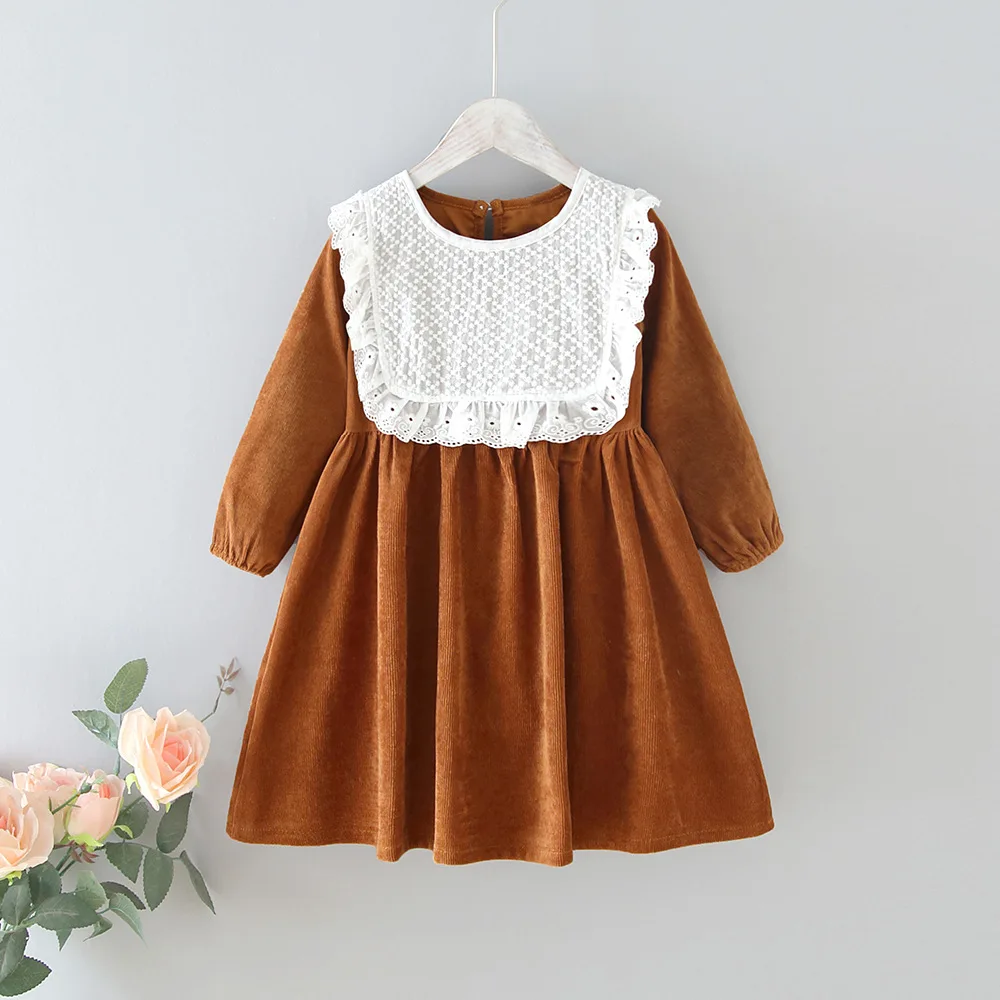 

Girls' Dresses 2023 Autumn New Style Children Baby Kids Clothing Korean Japanese Style Loose Lace Lapel Girl Fashionable Dress