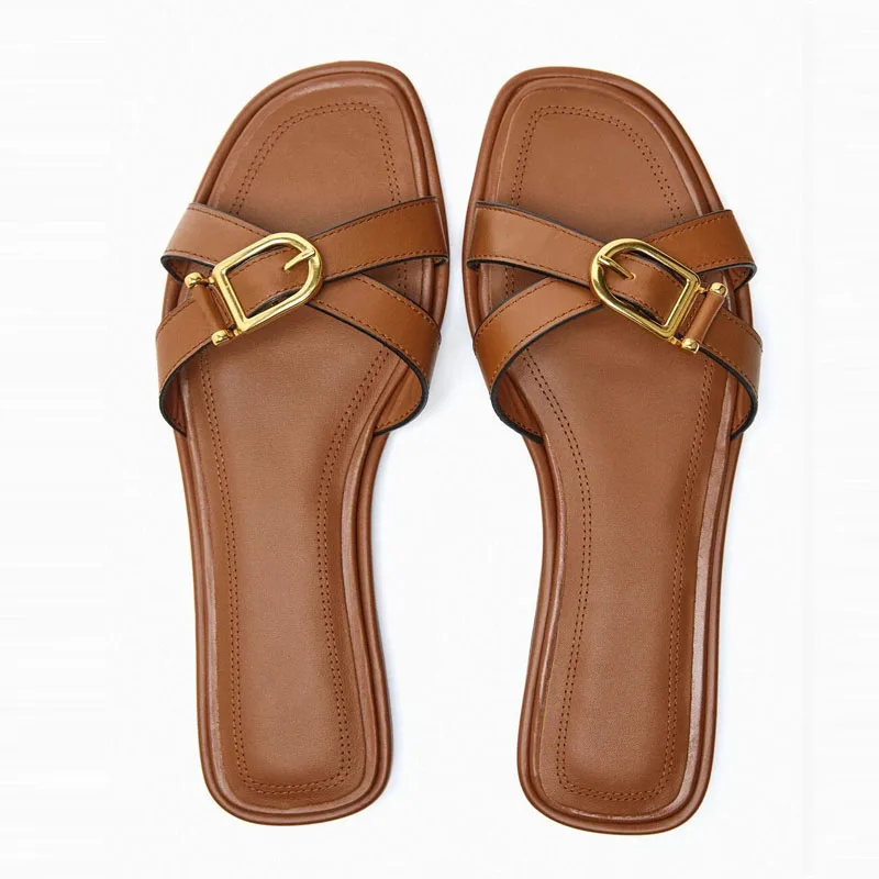 

2023 Women Luxury Slippers Summer Flats Sandals Brown Slippers Female Casual Flat Leather Sandals Sexy Beach Sandal Flat Shoes