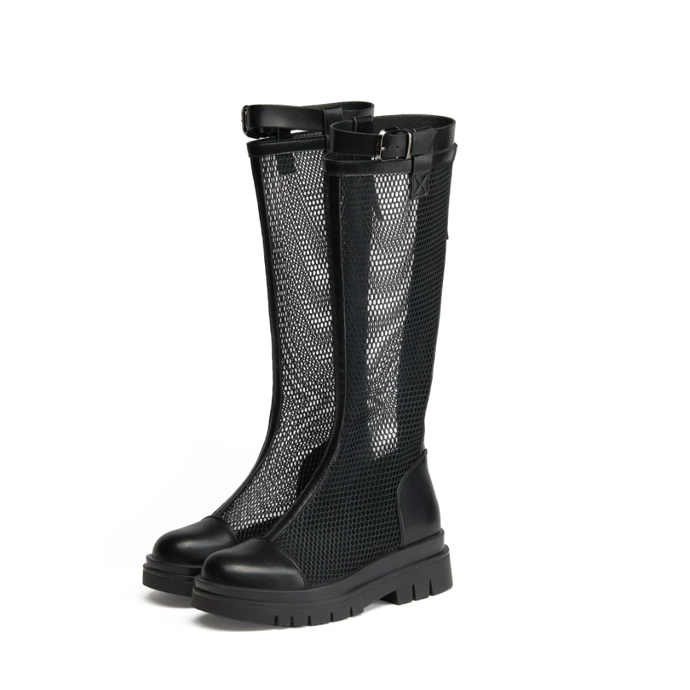 

2022 Women's Boots Fashionable Versatile Casual Hollow Mesh Medium Tube PU Rubber Thick-Soled ladies shoes luxury women's boots