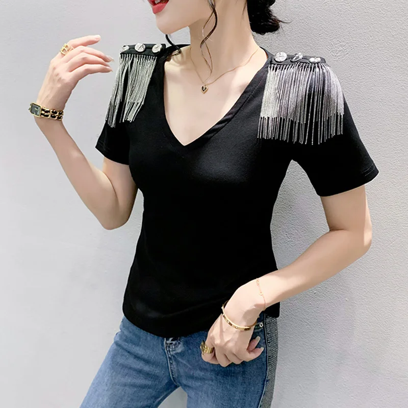 # 5575 Черная зеленая белая офисная футболка женская эластичная хлопковая с