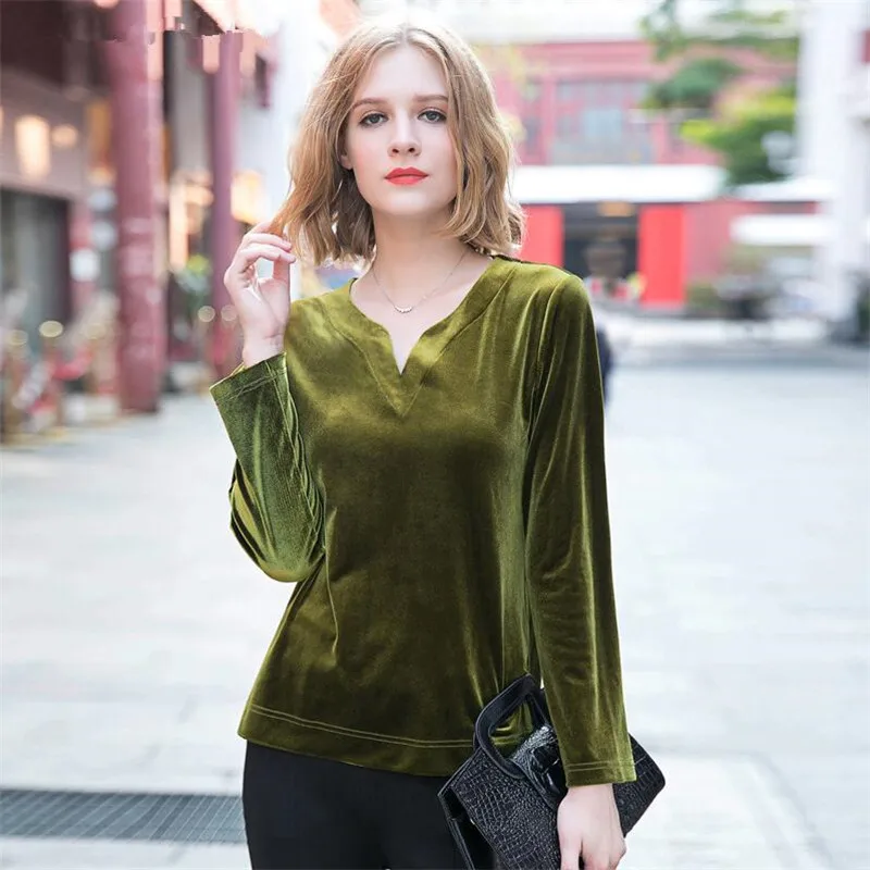 

Women V neck gold velvet shirts casual loose velour blouse female fashion streetwear spring autumn tops blusas