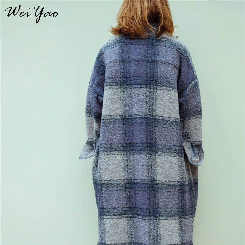 Женский плюшевый кардиган винтажного голубо-клетчатого принта свободного покроя на каждый день зимой.