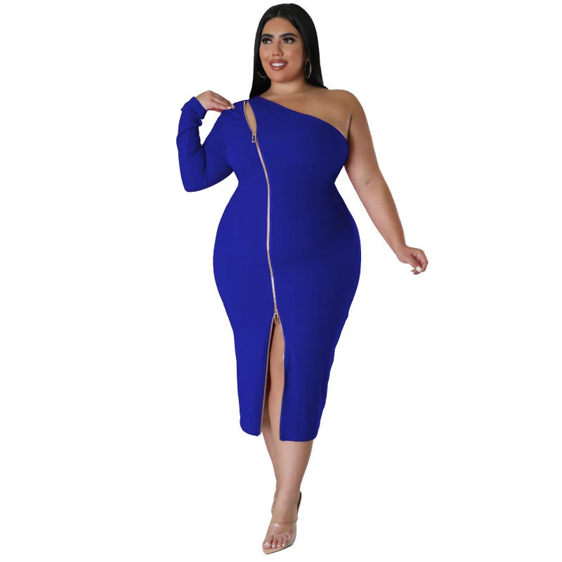 Plus Size Women Dress Sexy Zipper Side Split One Shoulder Long Sleeves Fashion Bodycon Dress Mid Calf 3xl 4xl 5xl 6xl