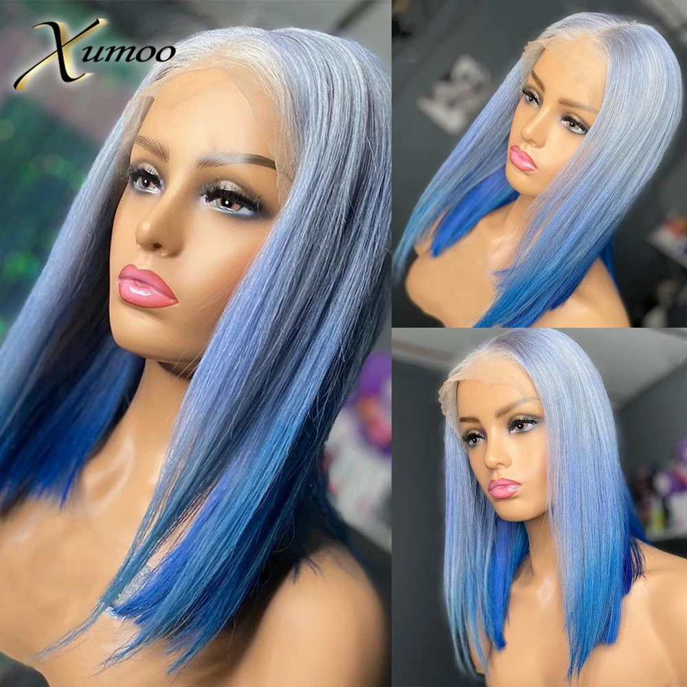 XUMOO Ombre 613 Blue 13x4 Lace Front Human Hair Wig Grey Color Brazilian Remy Straight Bob for Women Pre Plucked With Baby Hair