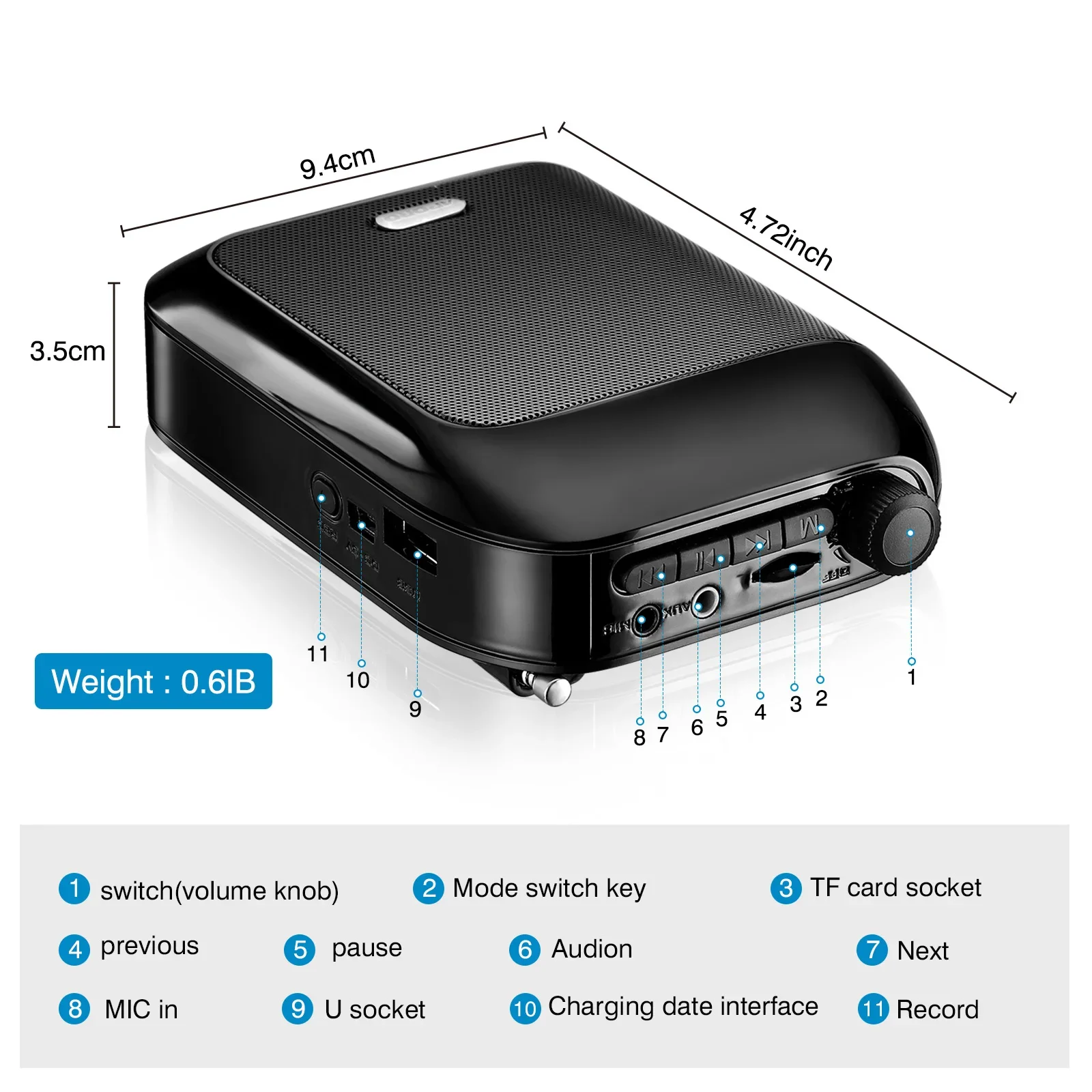 Фото Новый портативный Bluetooth UHF беспроводной усилитель голоса T9 для преподавания, лекций, экскурсий, презентаций, с поддержкой USB-накопителя, мегафон, микрофон, динамик №1