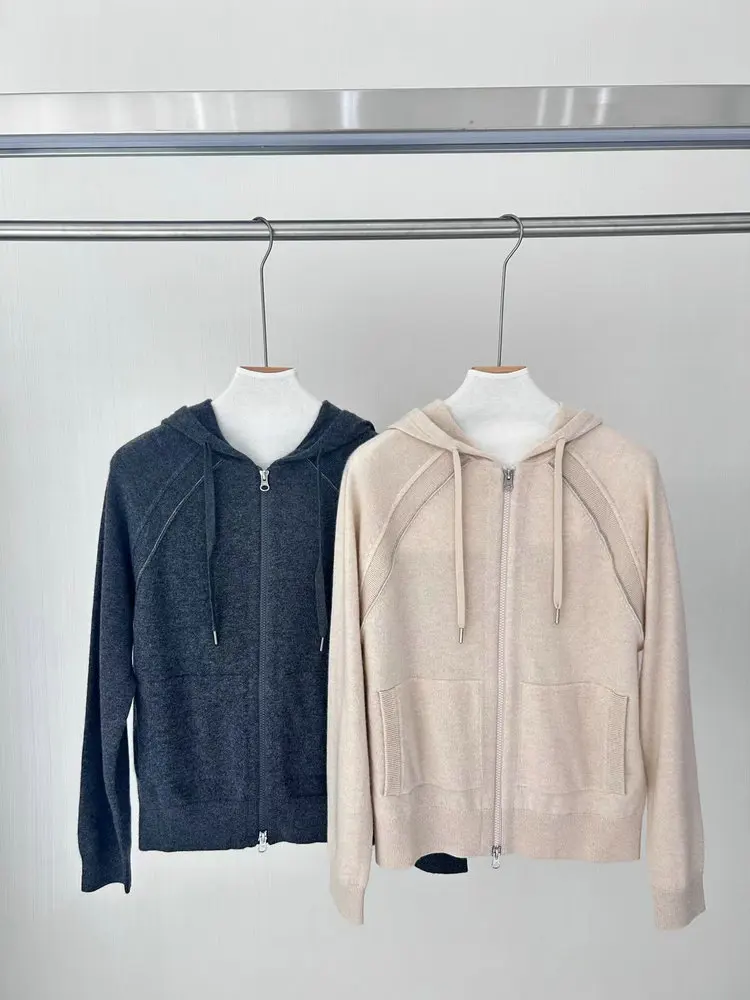 Autumn B*C Women 100% Cashmere Set Long Sleeve Hooded Cardigan or Elastic Waist Wide Leg Pants Casual Female Knitted Suit