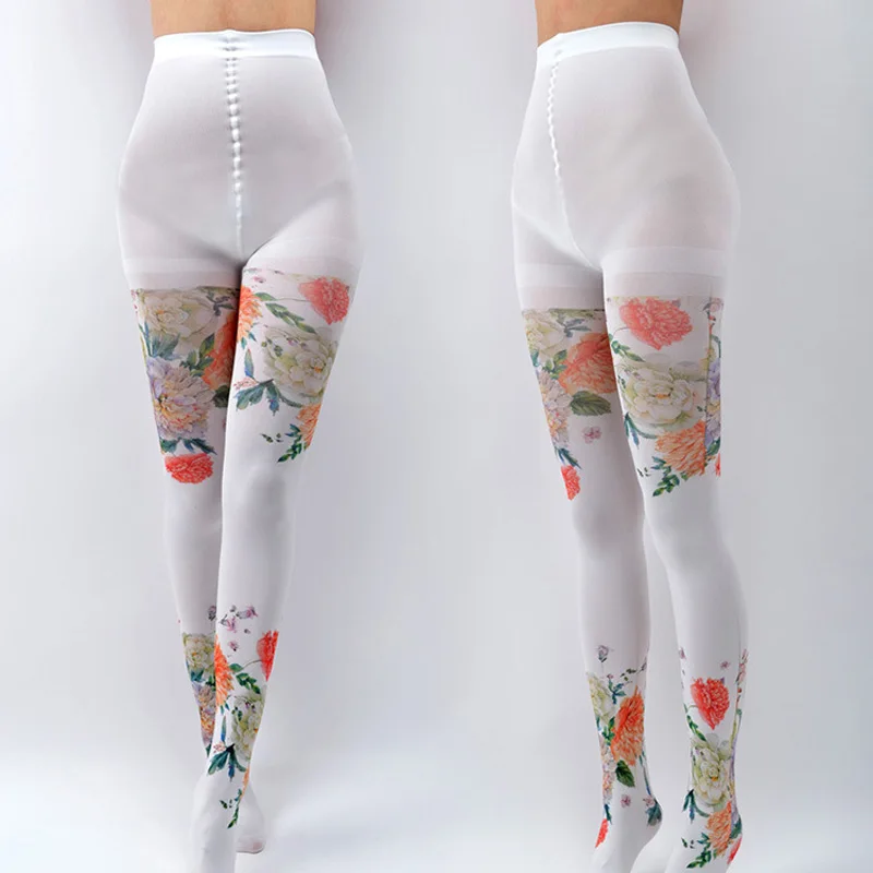 Women Kawaii Tights Harajuku Lolita Tattoo Pantyhose Cute Flower Carp Gradient Pattern Stockings Women Preppy Style Pantyhoses