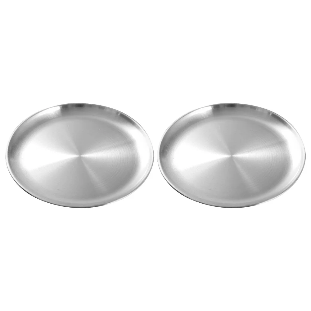 

2 Pcs Stainless Steel Plate Roast Meat Round Food Dish Snack Tray Steamer BBQ Fruit Child