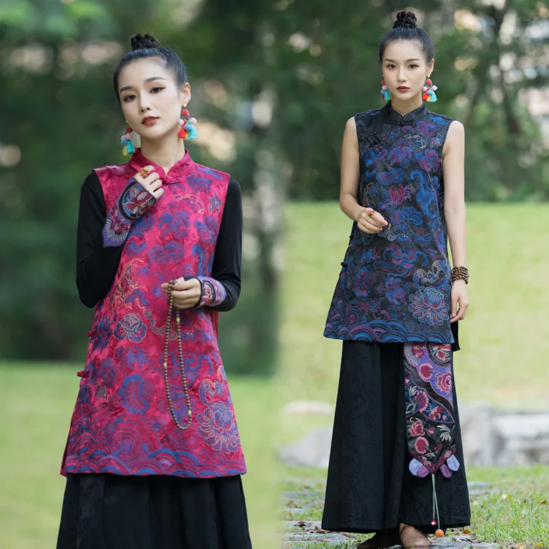 

Осенний этнический жилет с вышивкой, Модный женский винтажный Красный Восточный жилет средней длины в китайском стиле, Новинка