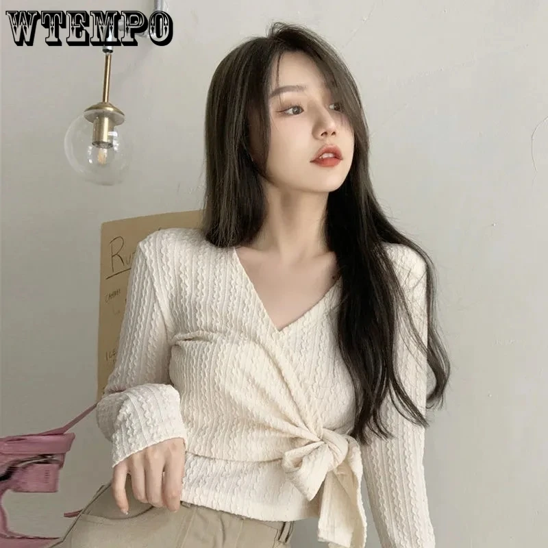 Sexy V-neck Shirt Long Sleeves Women Tops Irregular Bow Slim Blouses Spring Lady Clothing Solid Color Shirts Fashion Blouse 2022