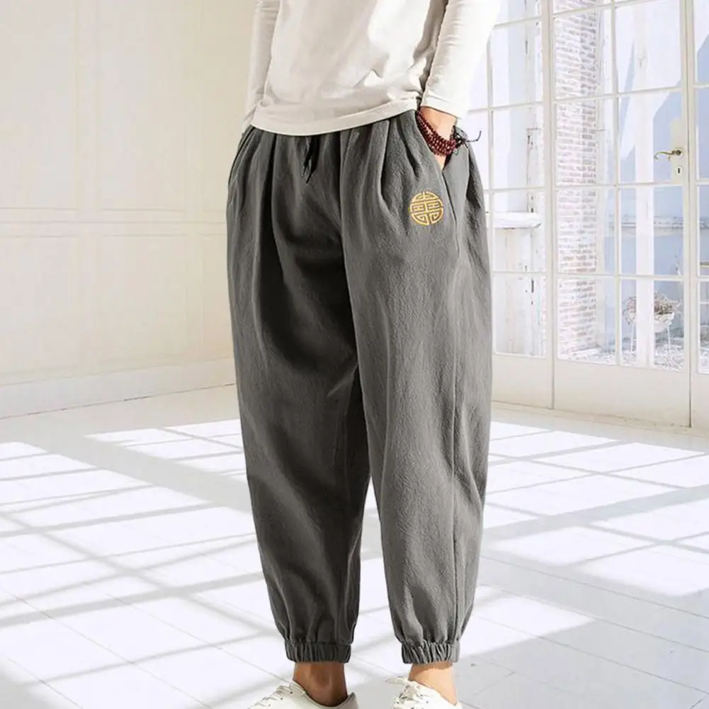 

Men Pants New Year Embroidery Pockets Elastic Waist Long Pants Solid Color Loose Ankle-banded Casual Bloomers Fall Trousers