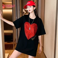 2022 new 100 cotton harajuku love beading short sleeved t shirt womens loose 4xl oversized summer korean style new tops
